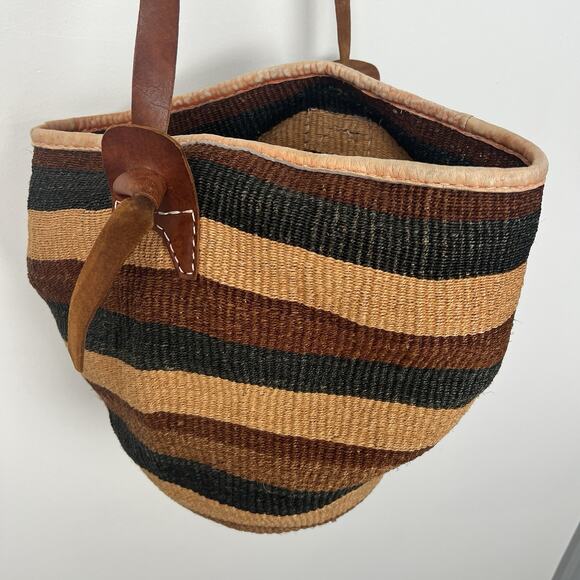 Sisal Market Jute Tote Bag Large Ethnic Boho African Leather Straps - Picture 1 of 11